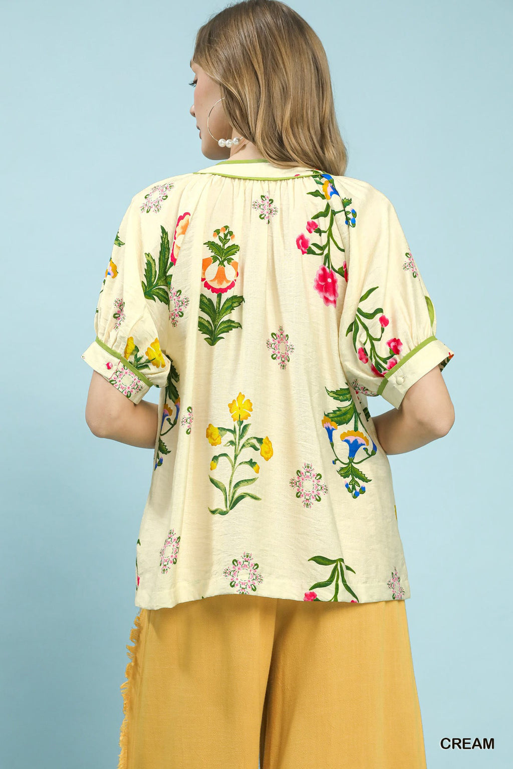 Umgee Botanical Print Contrast Trim Button Blouse