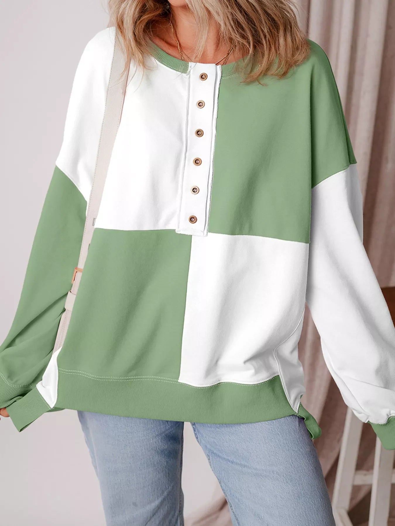 Colorblock Henley High Low Oversize Sweatshirt