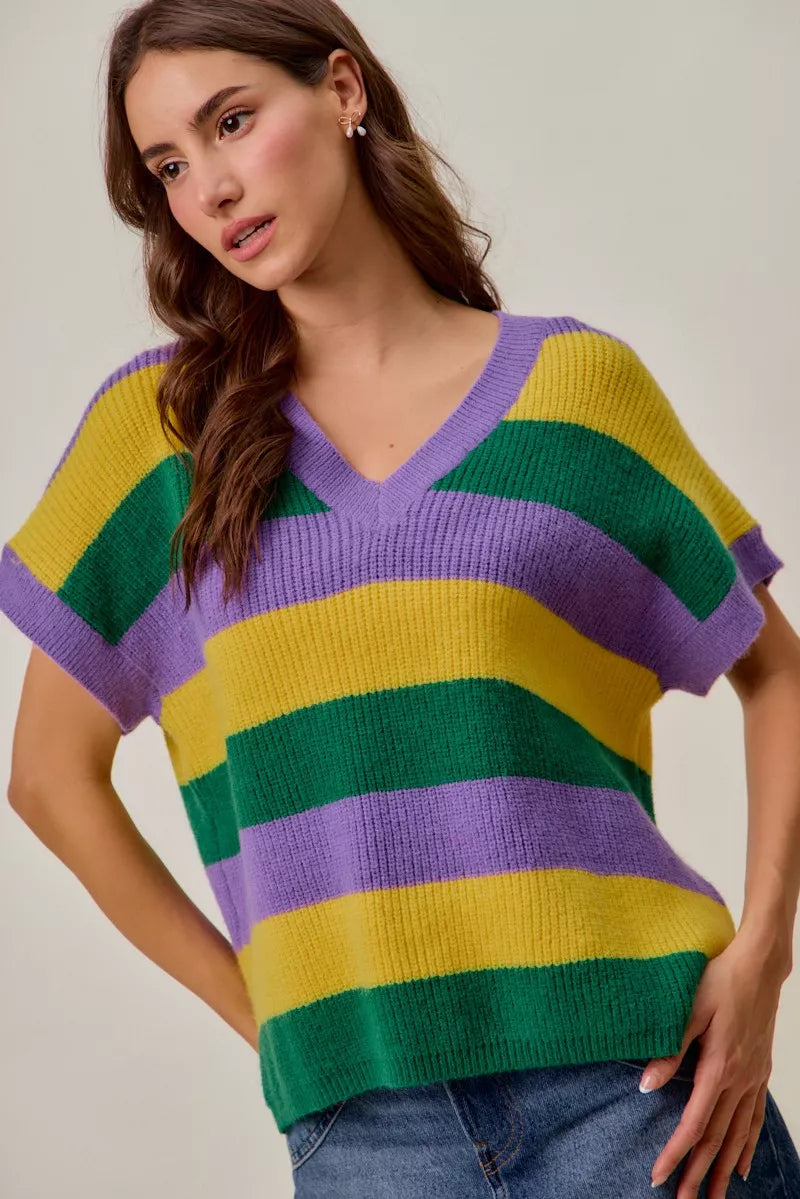 SO ME Mardi Gras Loose Fit V Neck Stripe Sweater Top