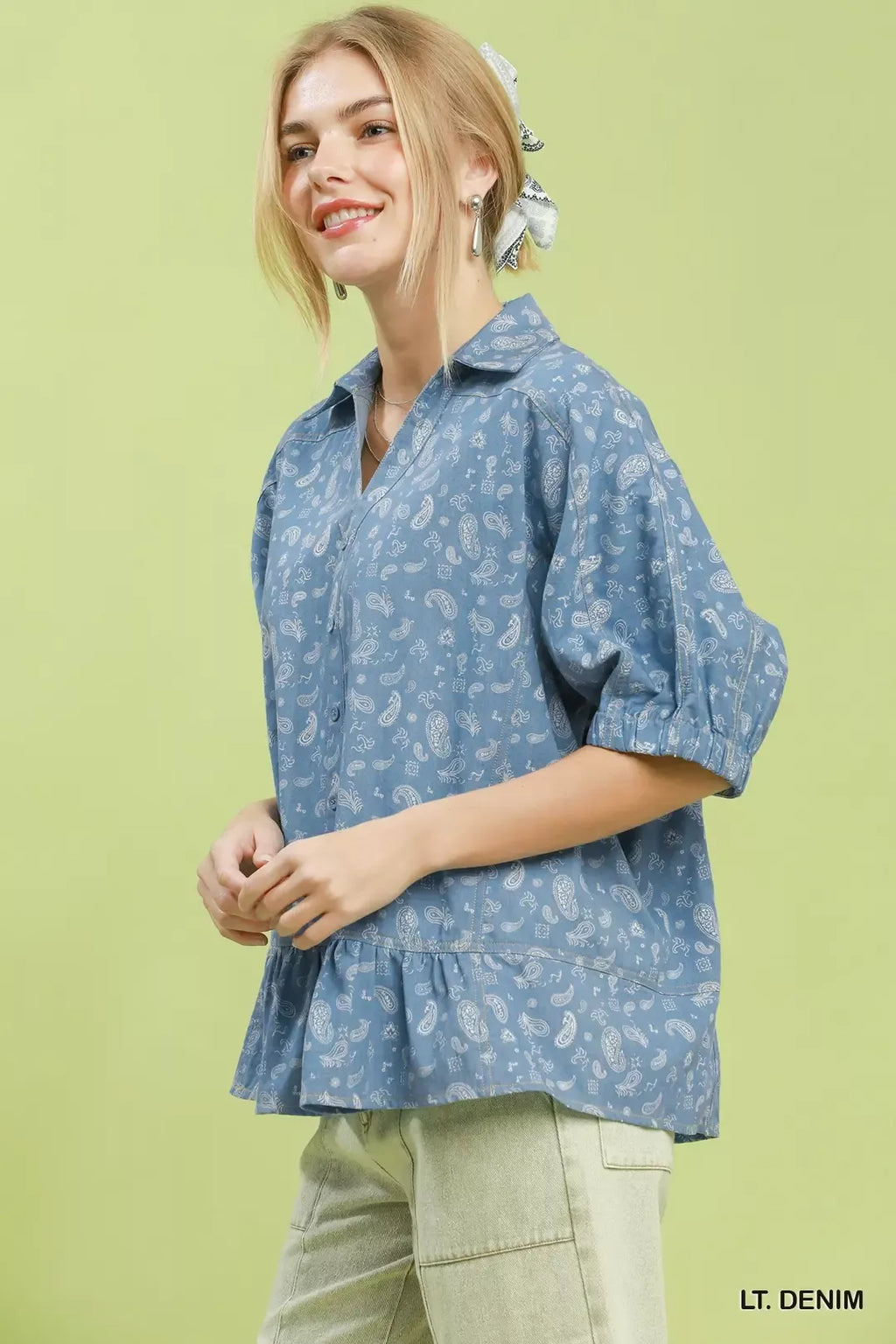 Umgee Paisley Print Chambray Top