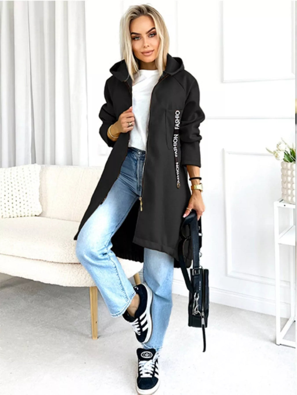 Full Size Zip Up Longline Hooded Outerwear Plus Size