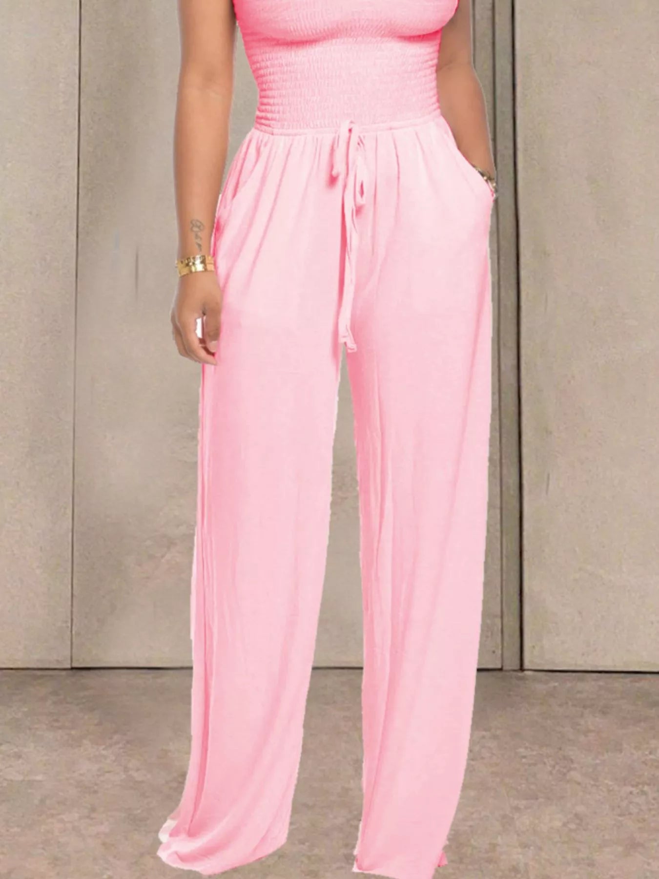 Strapless Smocked Wide-Leg Jumpsuit