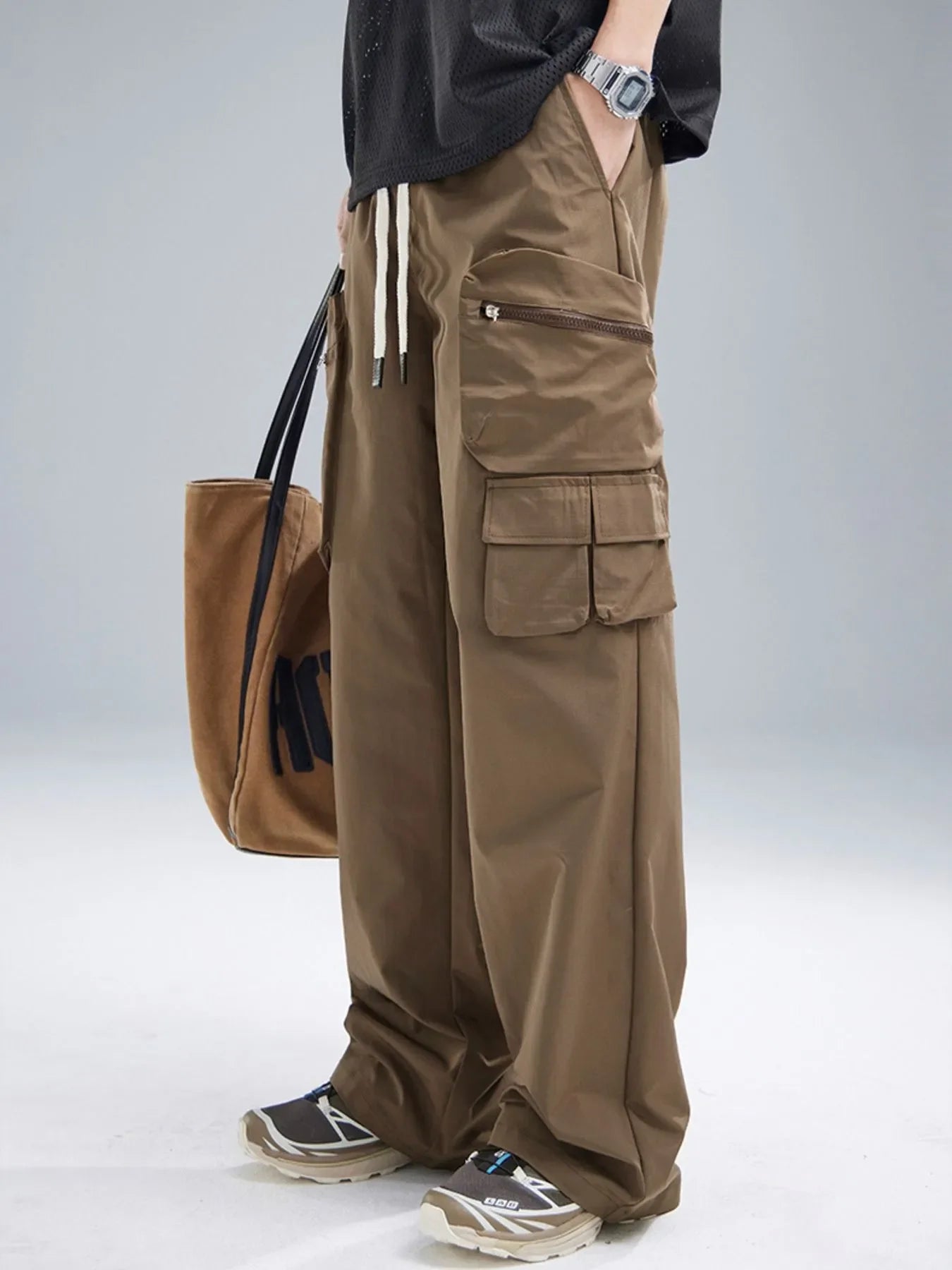 Men's Multi-Pocket Cargo Wide Leg Pants with Drawstring Waist