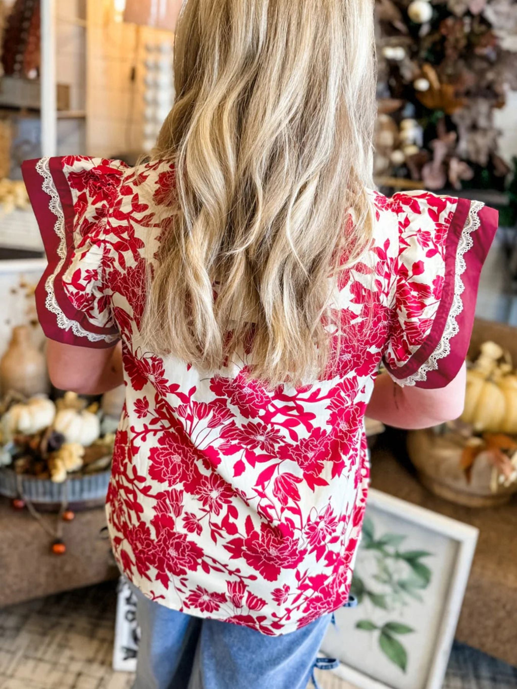 Floral Print Color Block Trim Lace Detail V Neck Flutter Sleeve Blouse