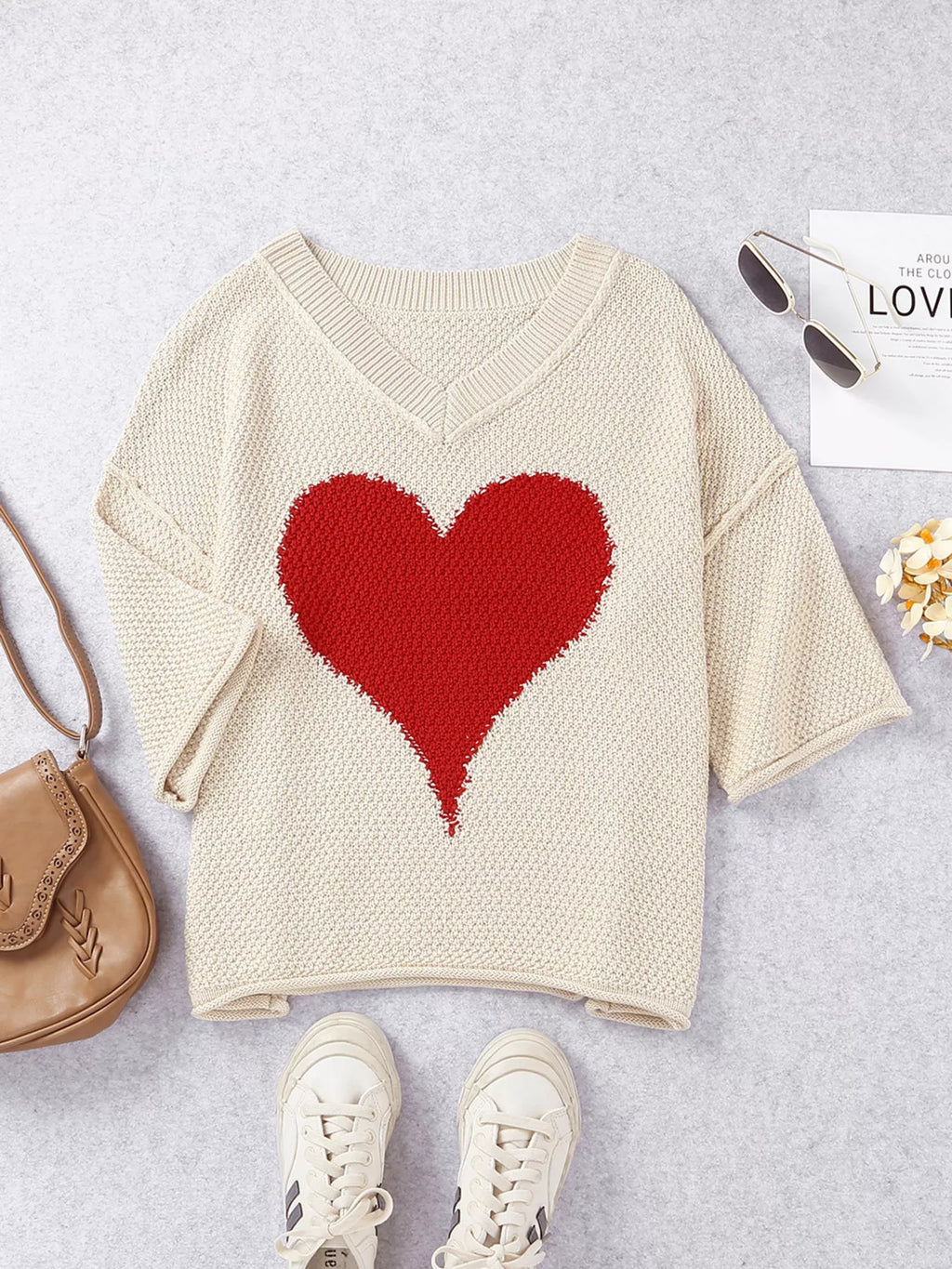 V-Neck Dropped Sleeve Heart Print Valentines Sweater