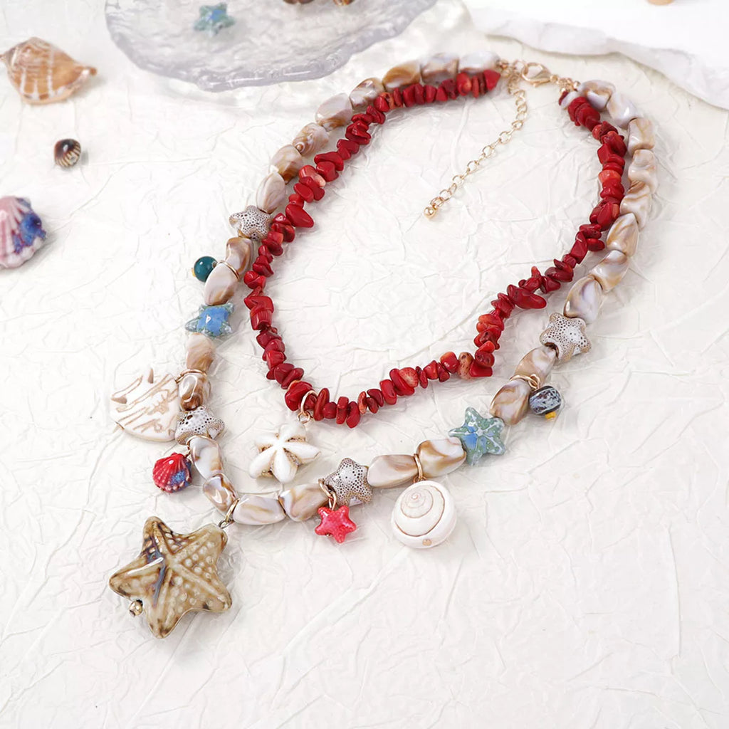 Boho Layered Multi-Strand Beach Shell Charm Necklace