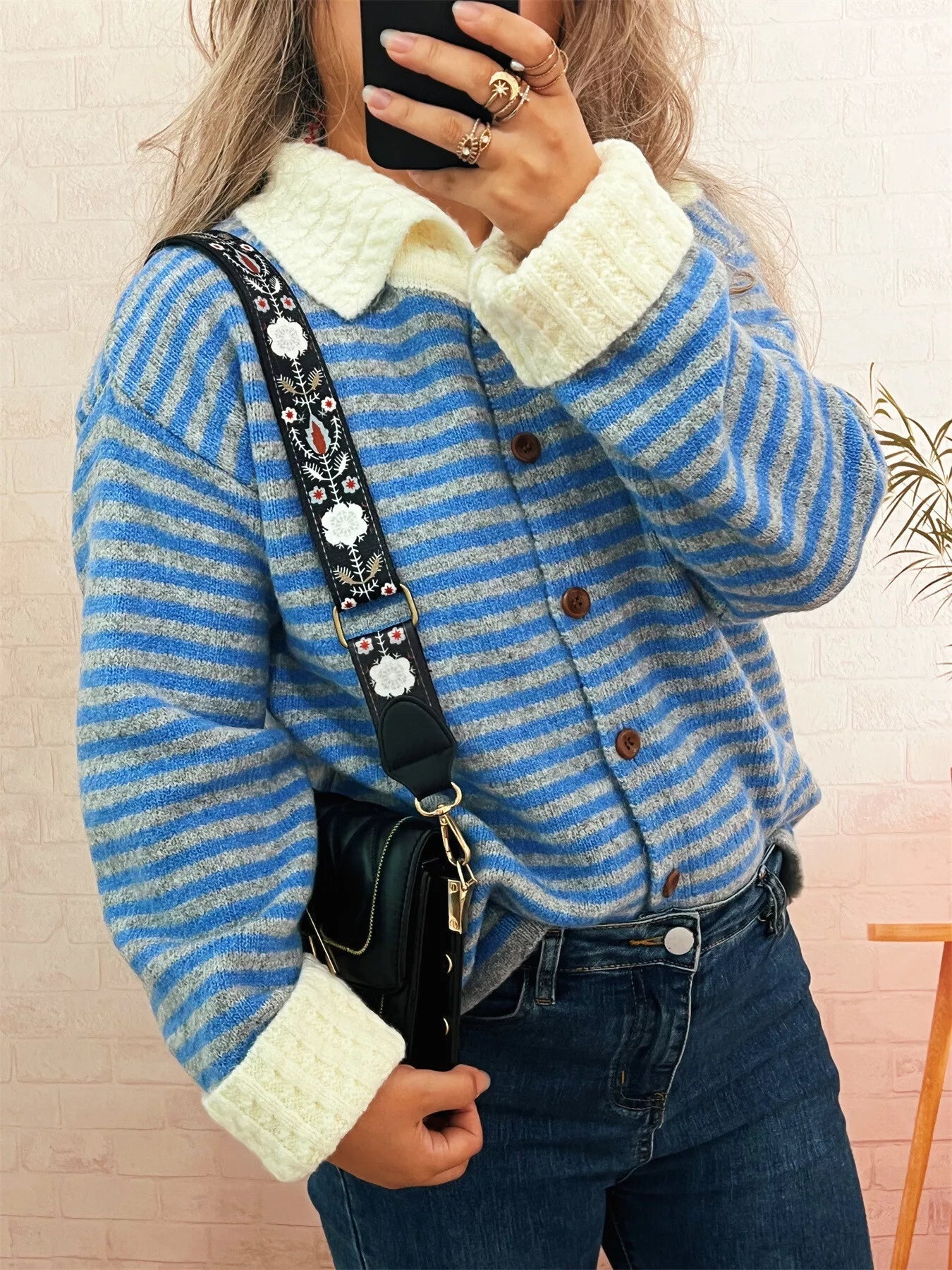 Striped Knit Button Down Cardigan with Collar