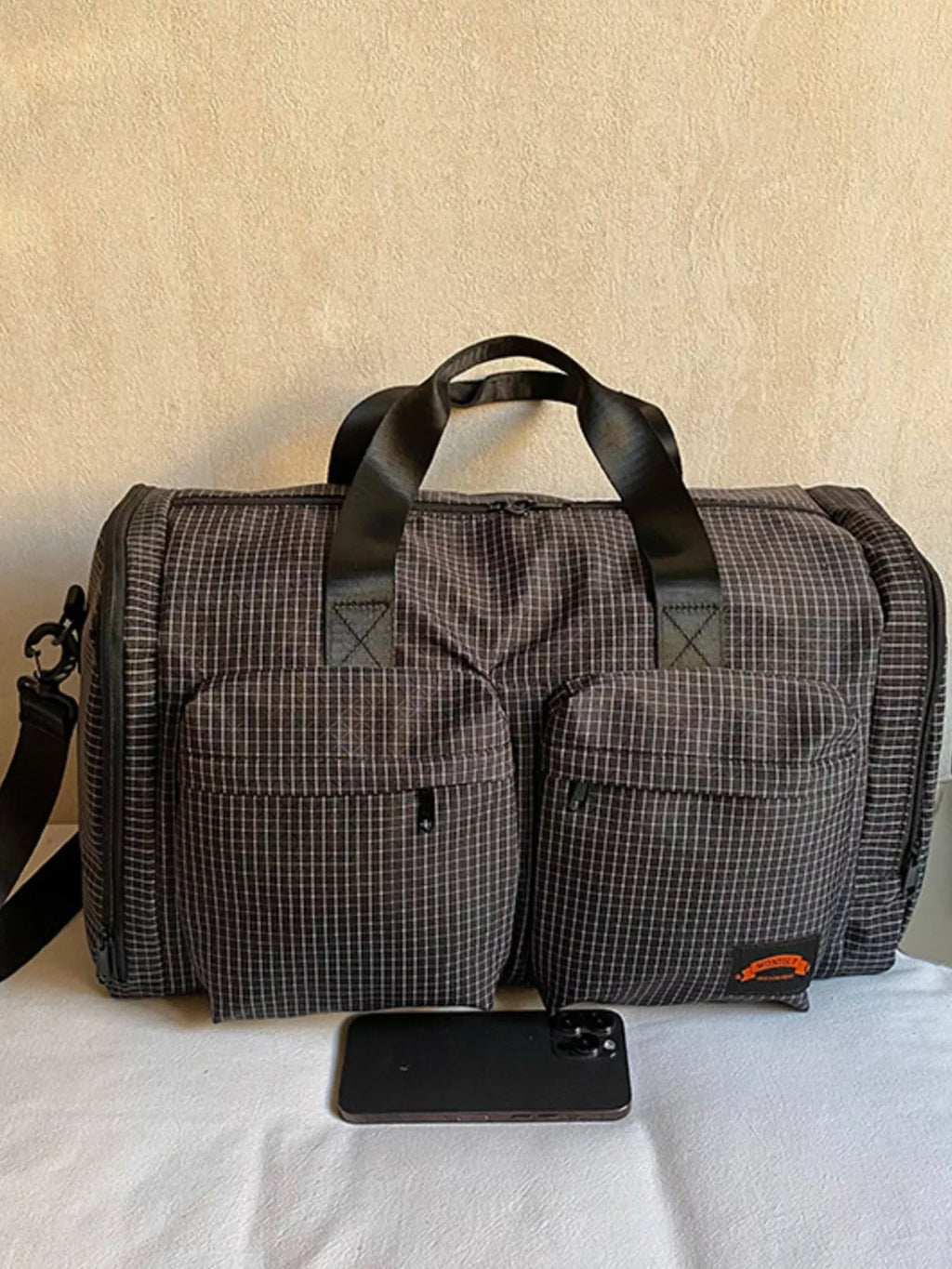 Plaid Duffel Bag with Multiple Pockets