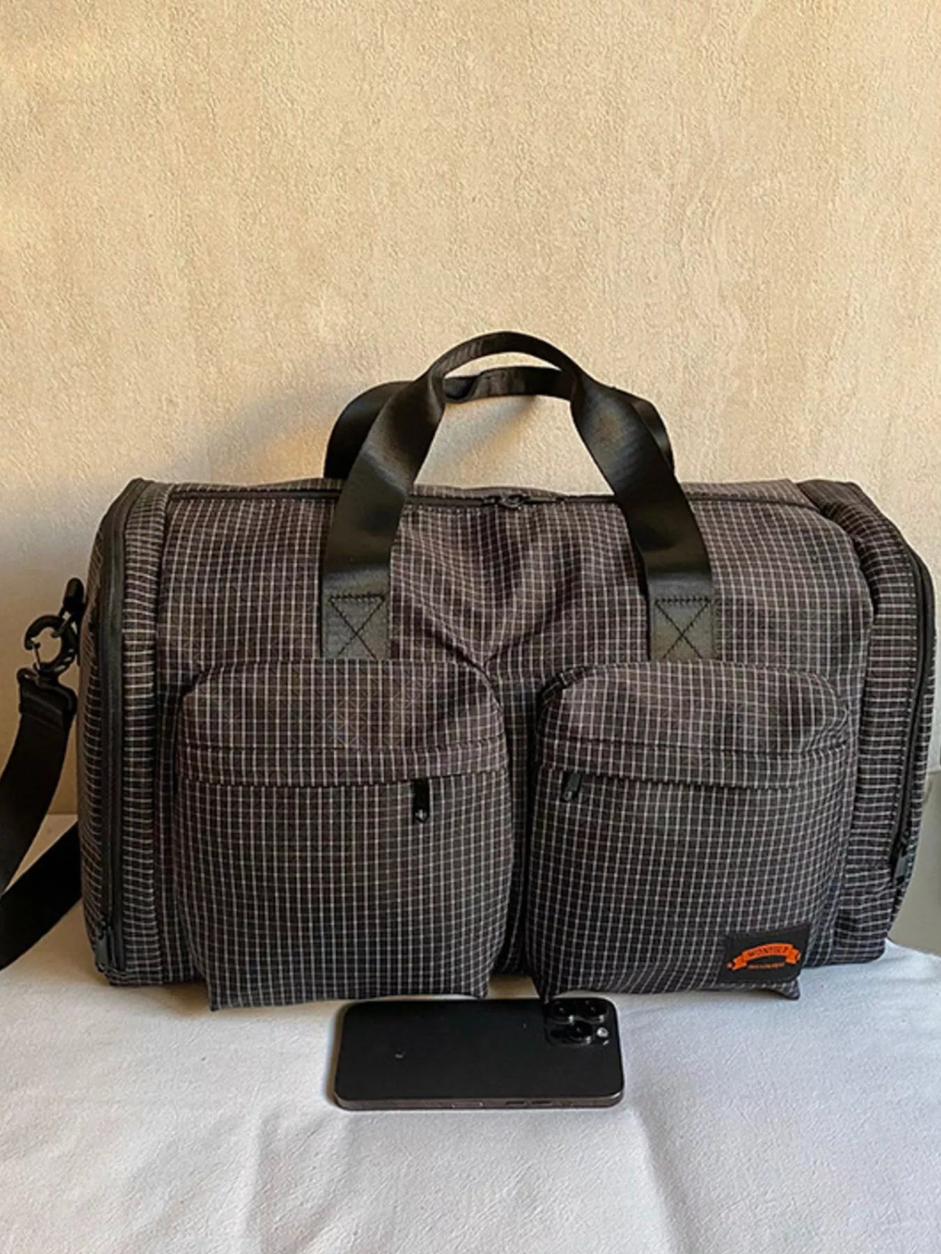 Plaid Duffel Bag with Multiple Pockets