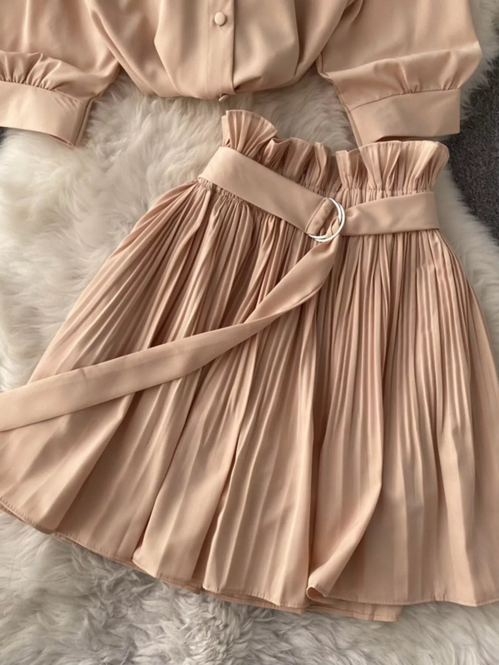 Puff Sleeve Shirt and Pleated Skirt Set