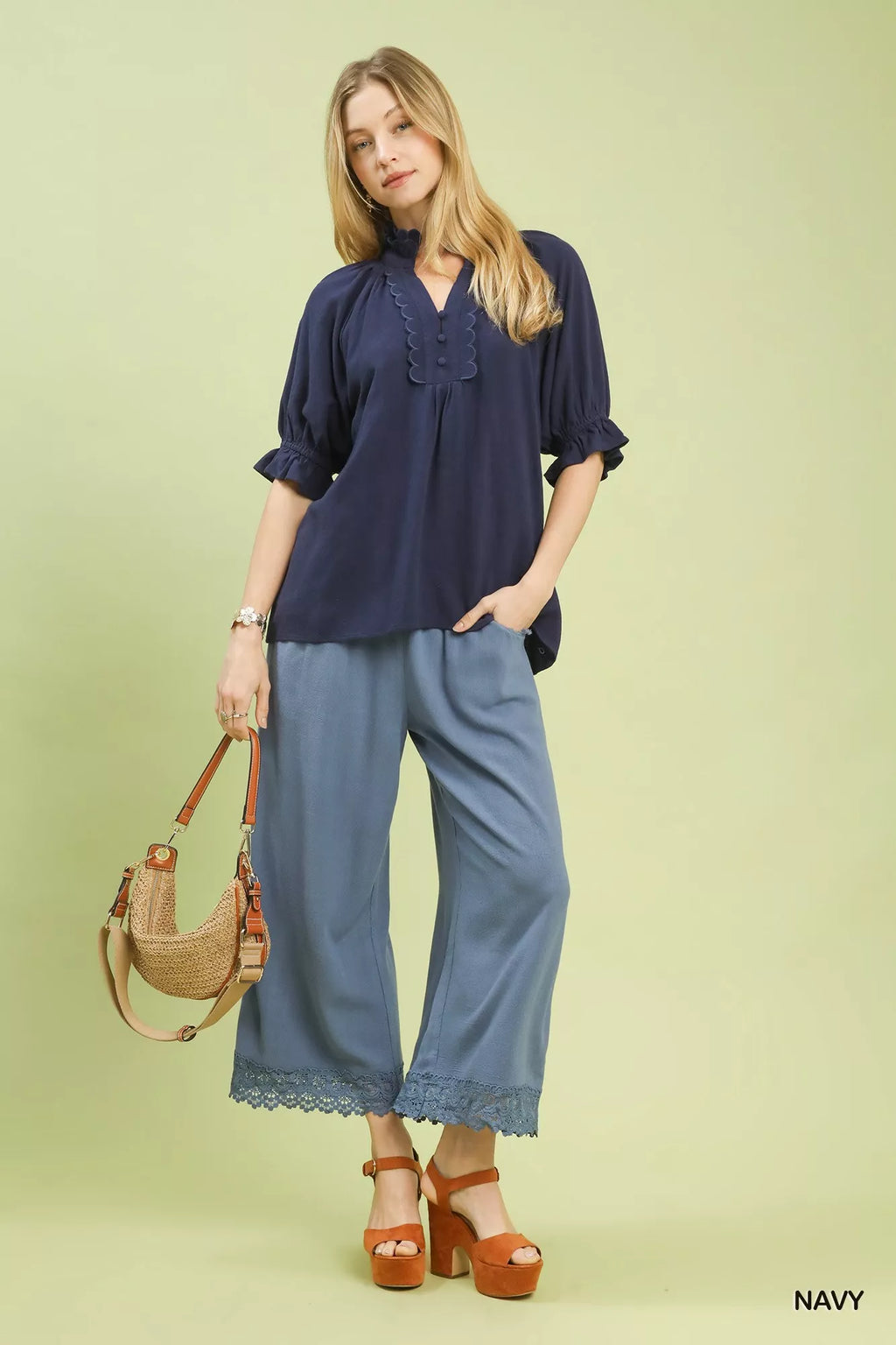Umgee Linen Scalloped Ruffle Neck Blouse
