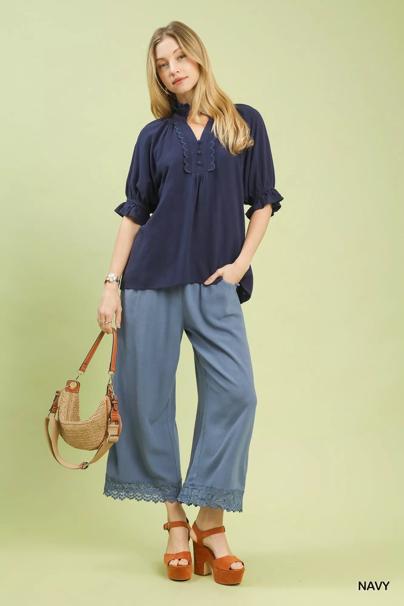 Umgee Linen Scalloped Ruffle Neck Blouse