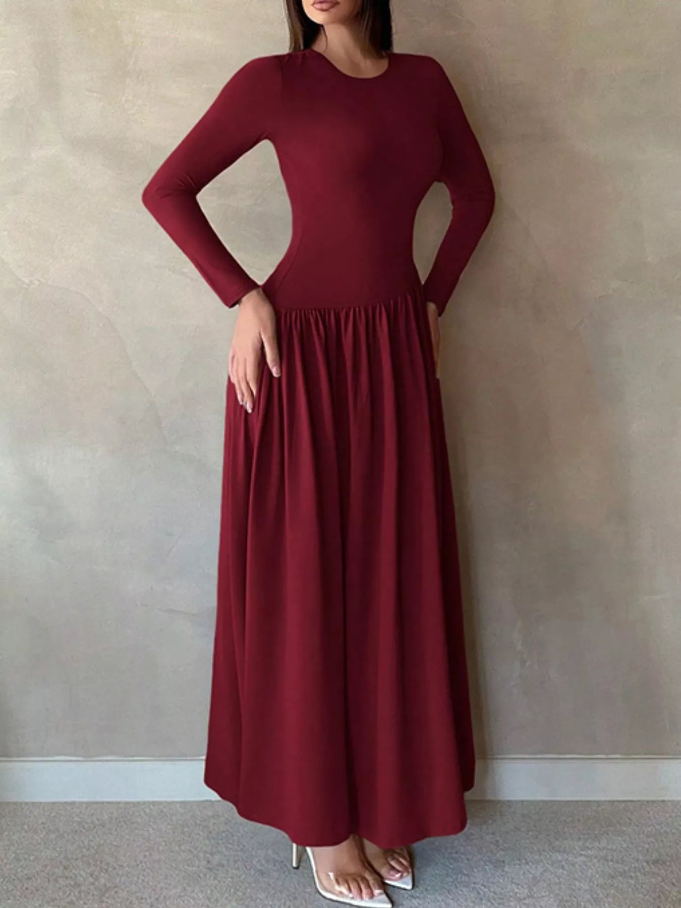 Long Sleeve Ruched A-Line Maxi Dress