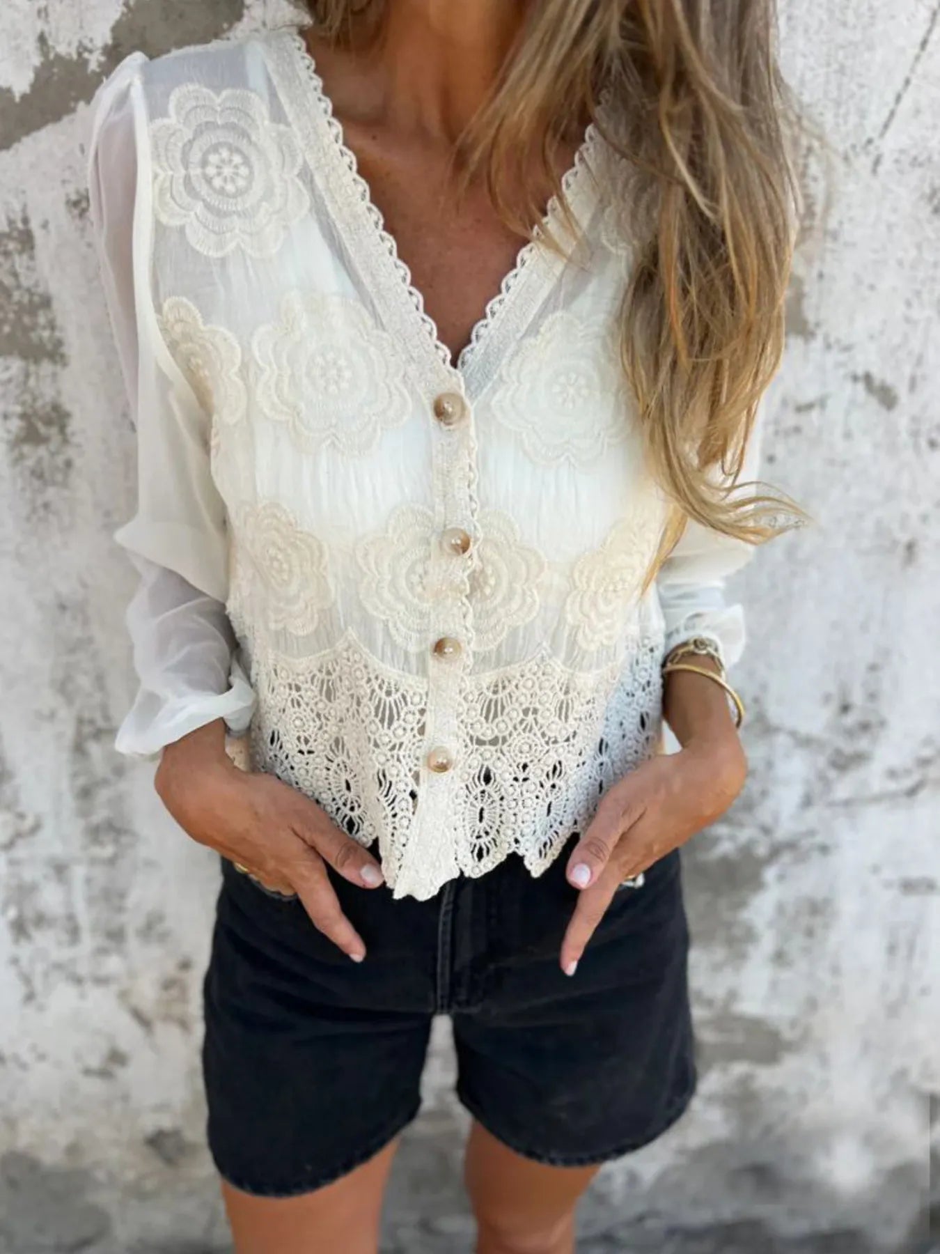 Lace V-Neck Button Down Shirt