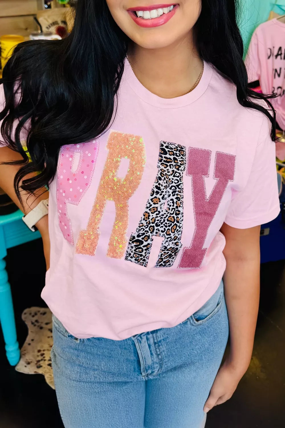 PRAY Sequin Leopard Multiple Patched Graphic Tee