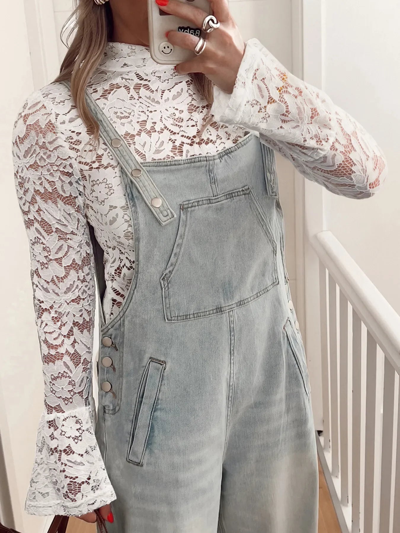 Lace Crochet Bell Sleeve Mock Neck Blouse