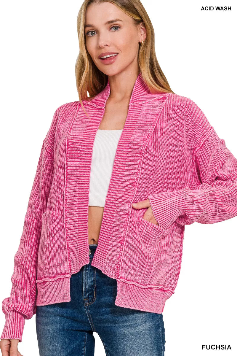 Zenana Washed Dropped Shoulder Cardigan with Side Pockets