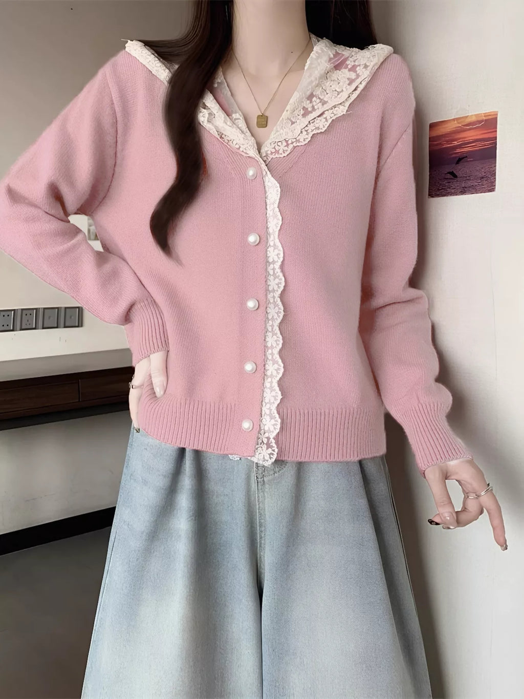 Lace Trim Hooded Cardigan