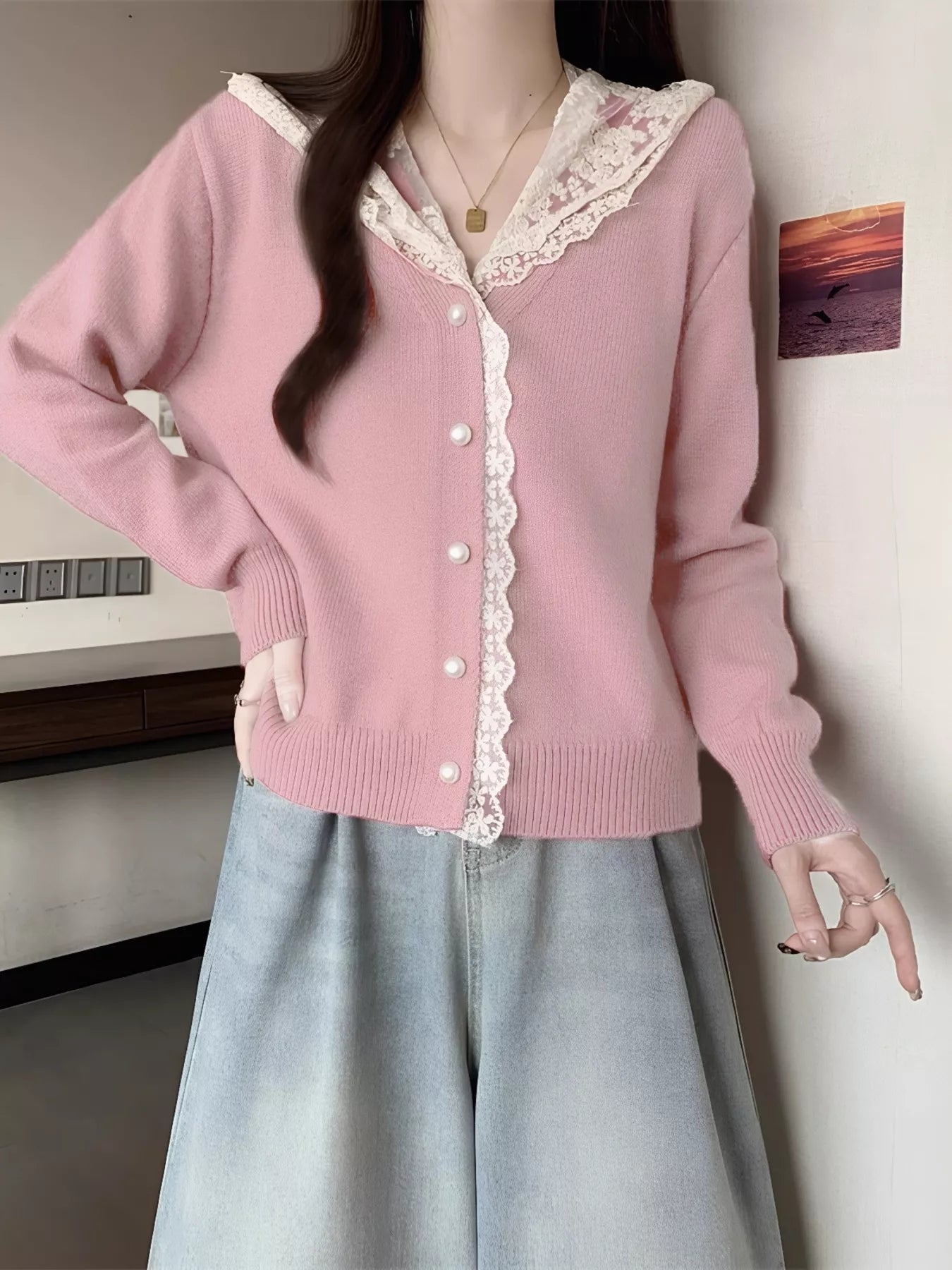 Lace Trim Hooded Cardigan