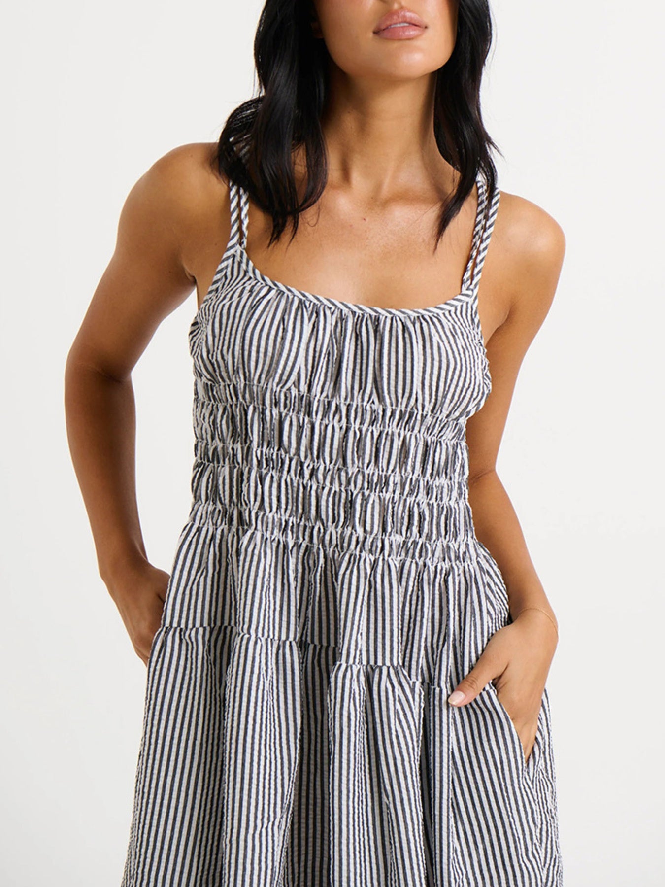Striped Smocked Bodice Midi Dress