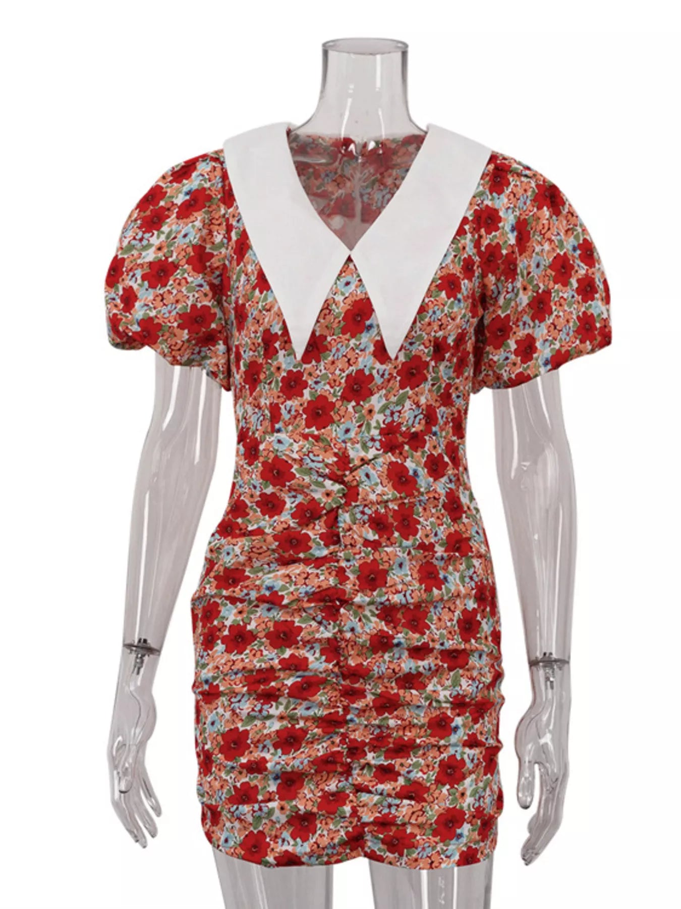 Ruched Floral Print Puff Sleeve Mini Dress