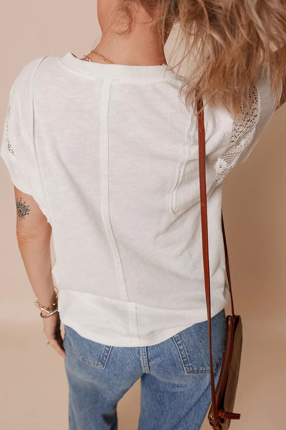 Ribbed Texture Lace Patchwork Short Sleeve Top