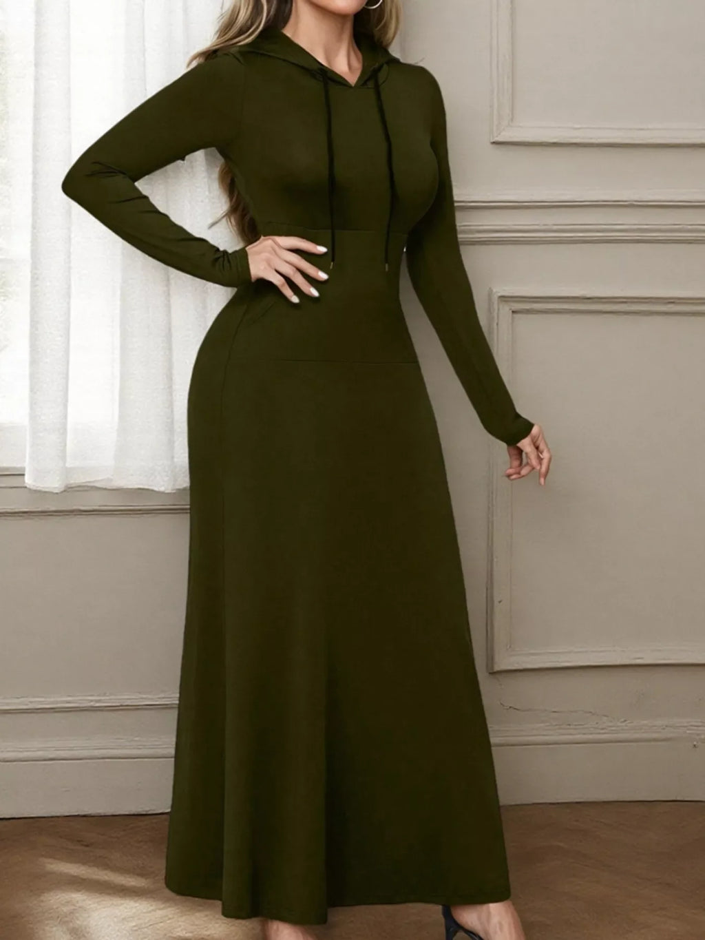 Drawstring Long Sleeve Hooded Maxi Dress