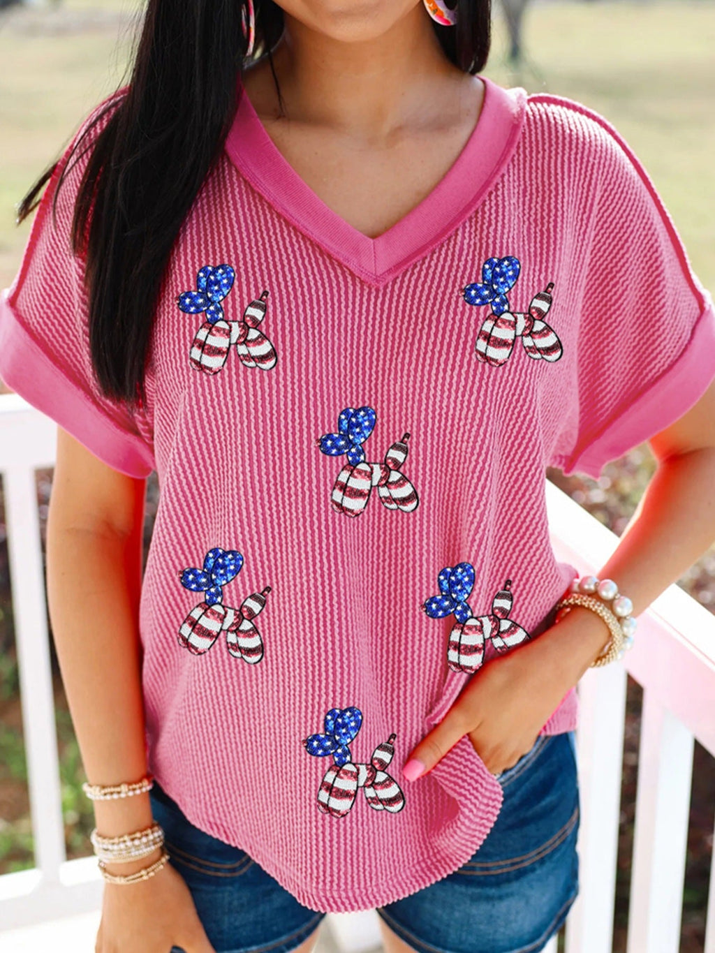 Twisted Rib Sequin Patriotic Balloon Dog V Neck Tee
