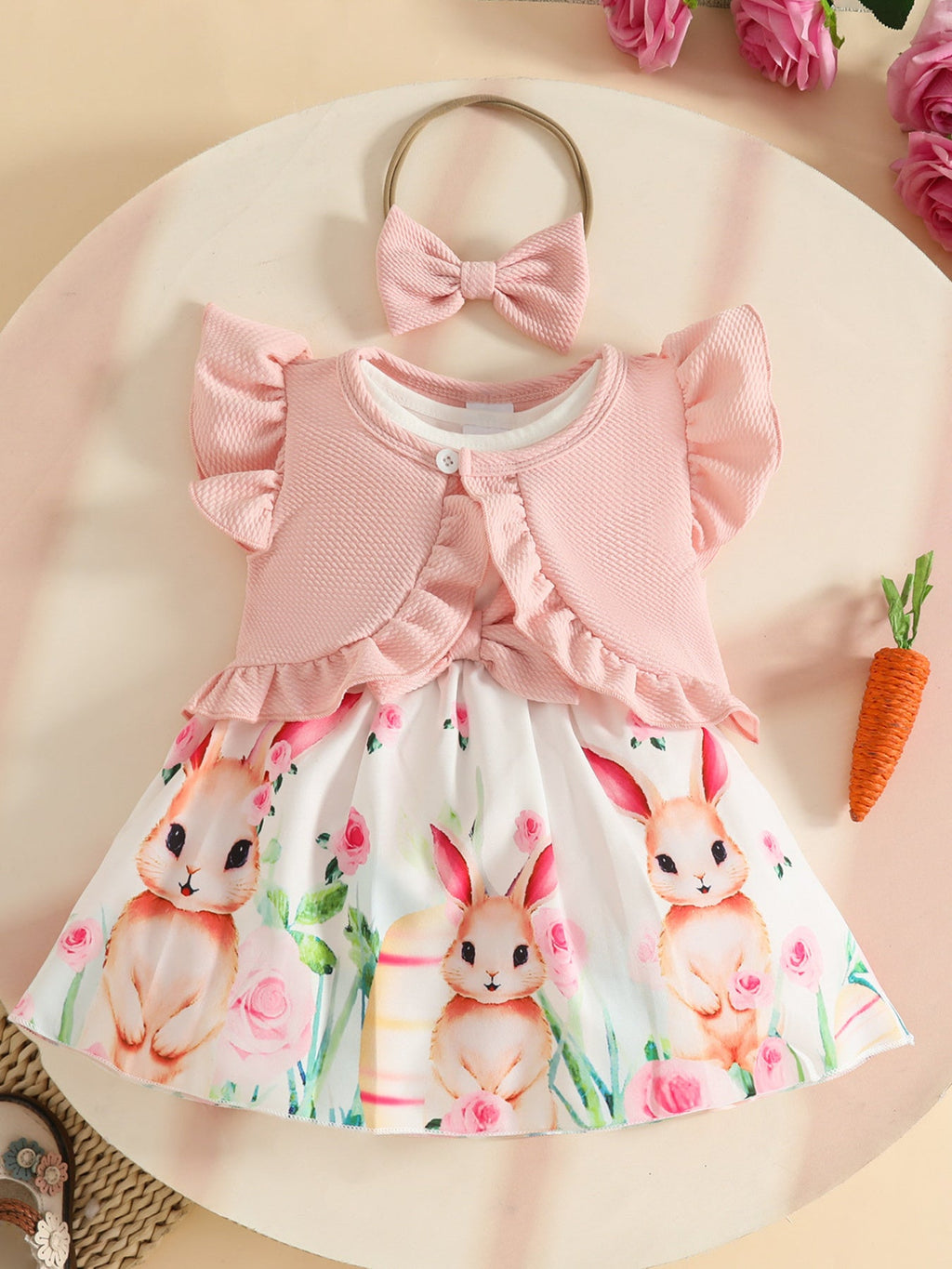 Children's Bunny Print Dress with Ruffle Cardigan & Headband Set