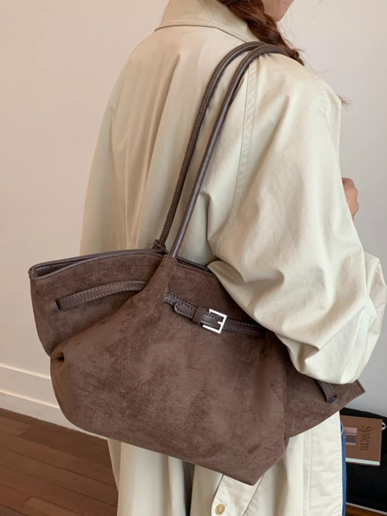 Solid Color Buckle Tote Bag