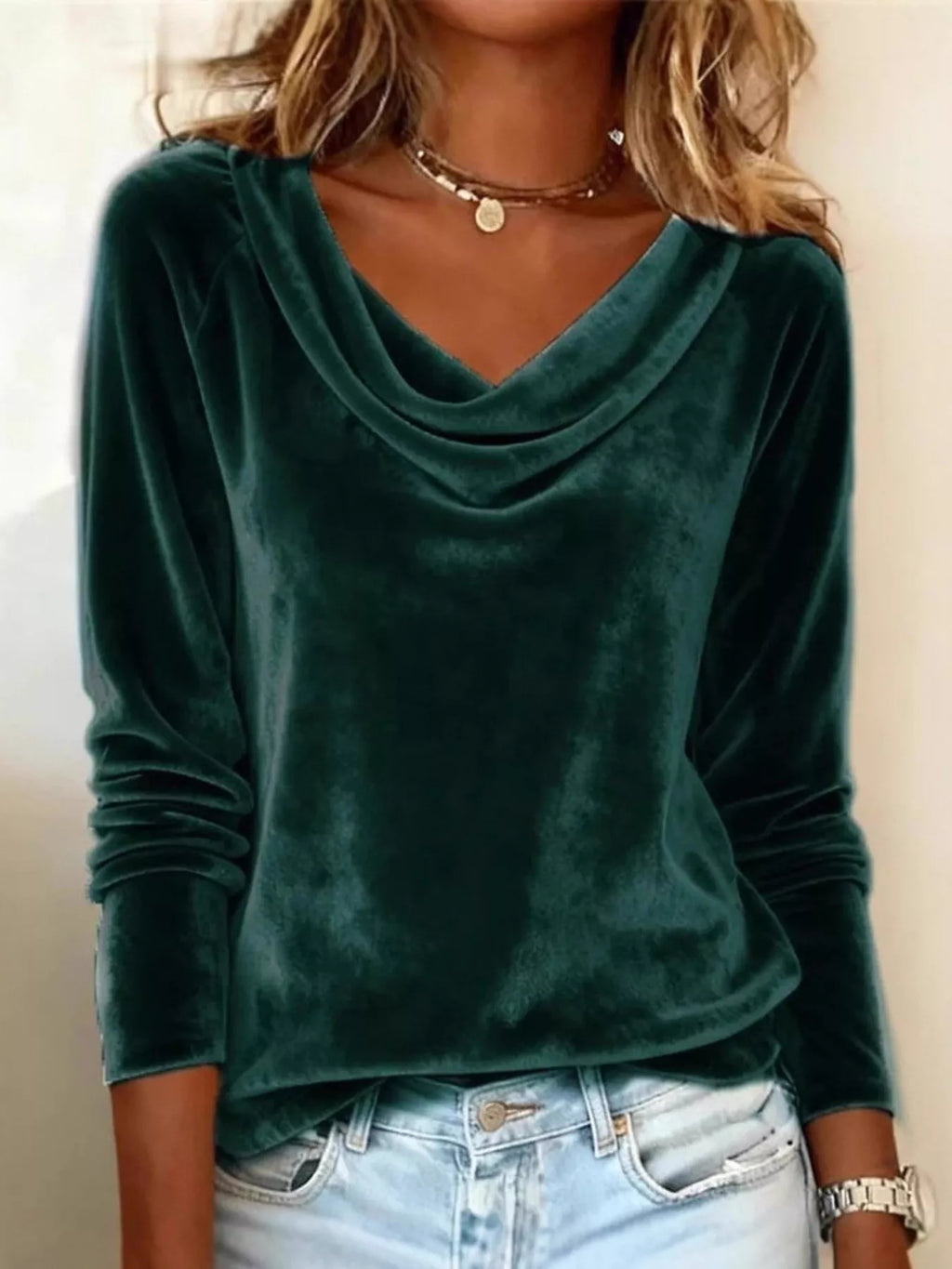 Velvet Cowl Neck Long Sleeve T-Shirt