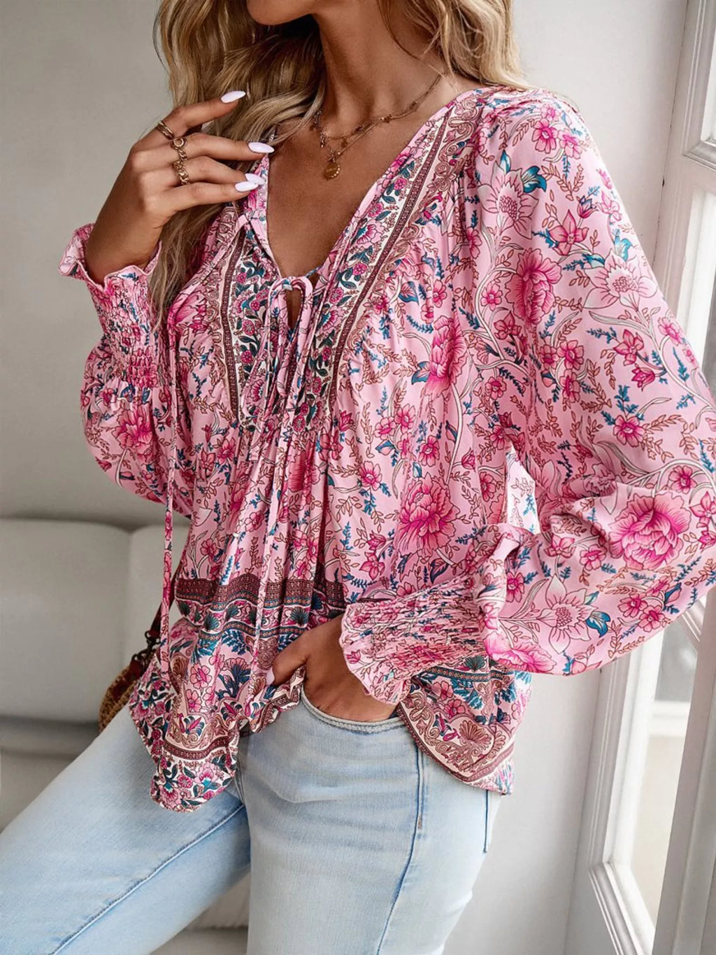 Floral Print Tie Neck Bohemian Blouse