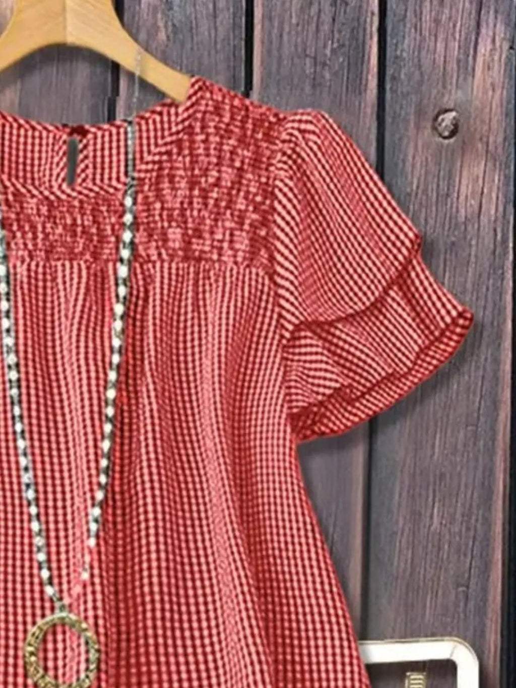 Full Size Gingham Smocked Ruffle Sleeve Blouse Plus Size