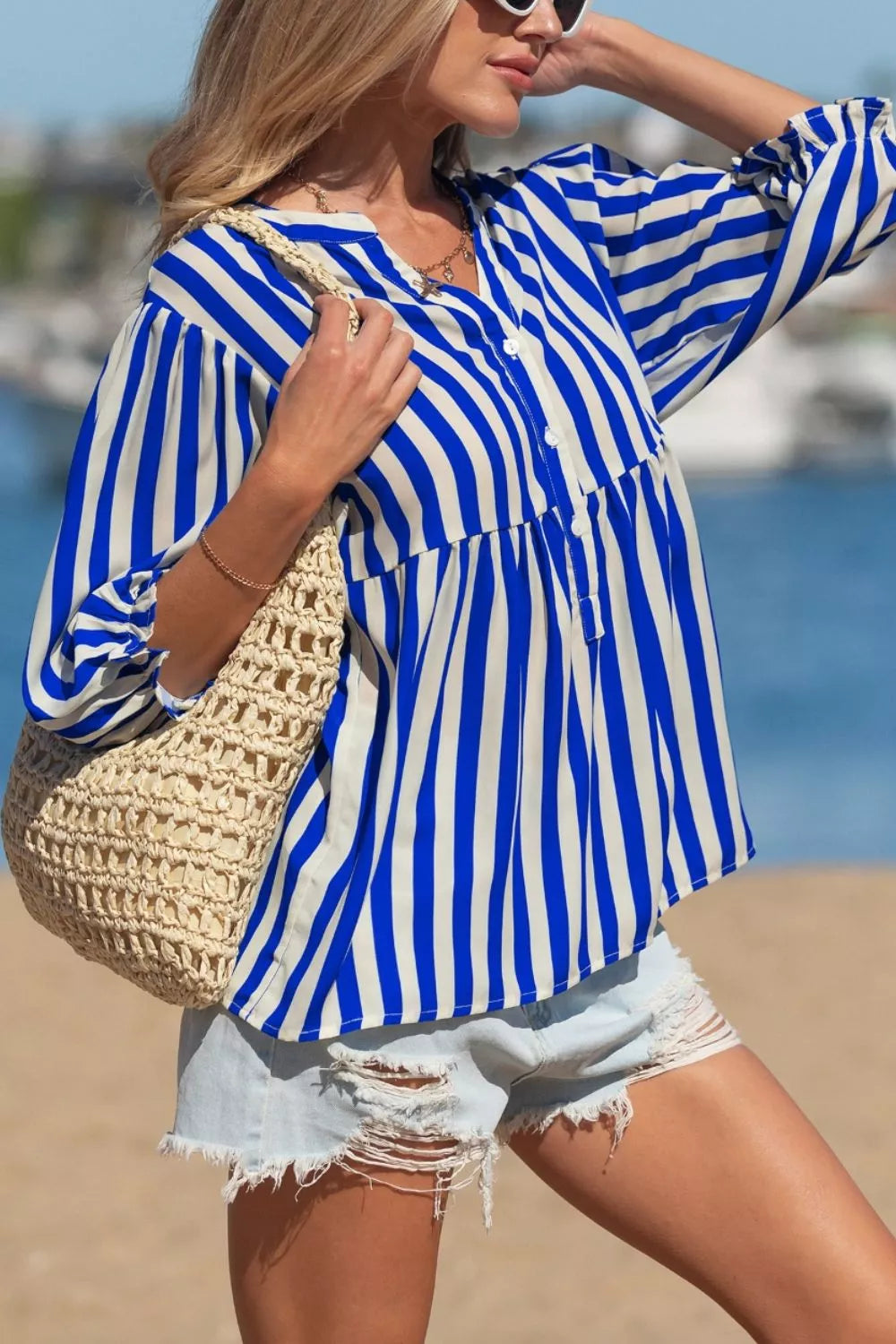 Stripe Balloon Sleeve Loose Button Up Shirt