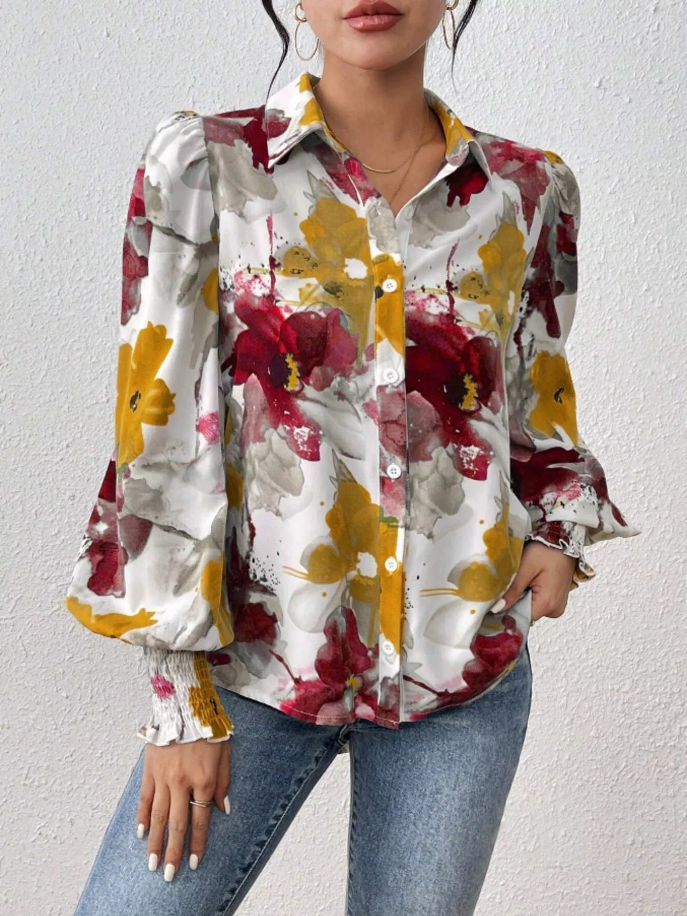 Printed Button Up Lantern Sleeve Shirt