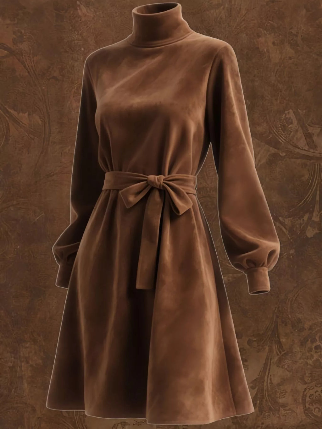 Bow Velvet Turtleneck Lantern Sleeve Dress