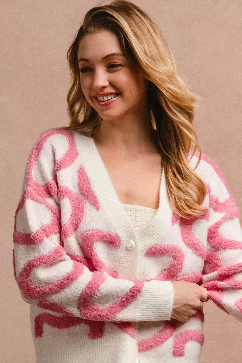 BiBi Textured Heart Buttoned V Neck Cardigan