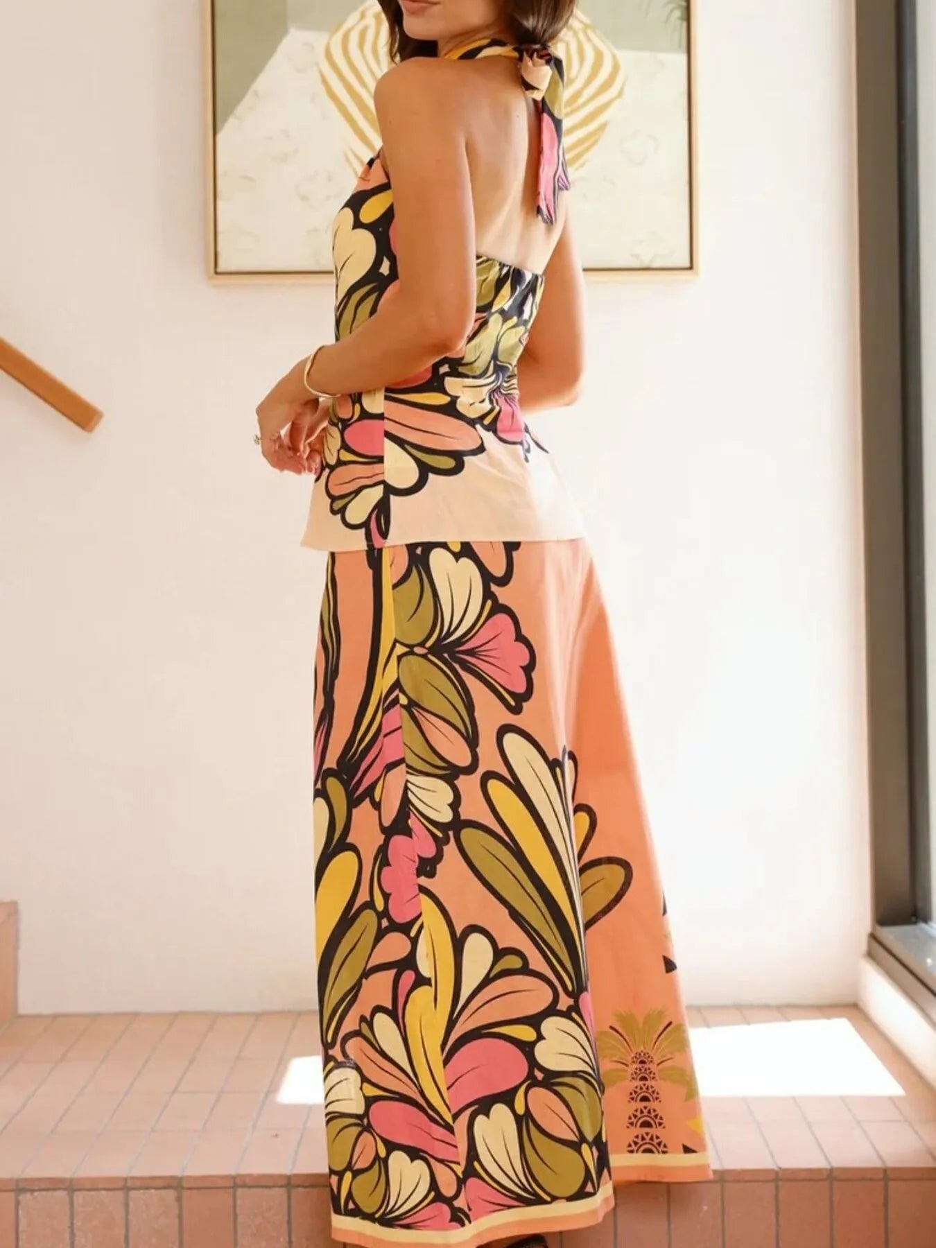 Printed Halter Neck Crop Top and Skirt Set