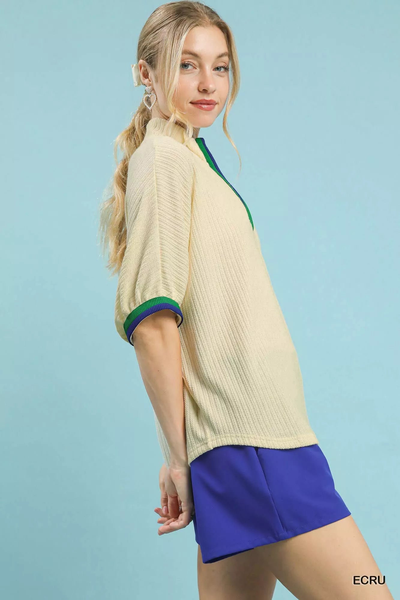 Umgee Textured Knit Top with Striped Contrast Trim