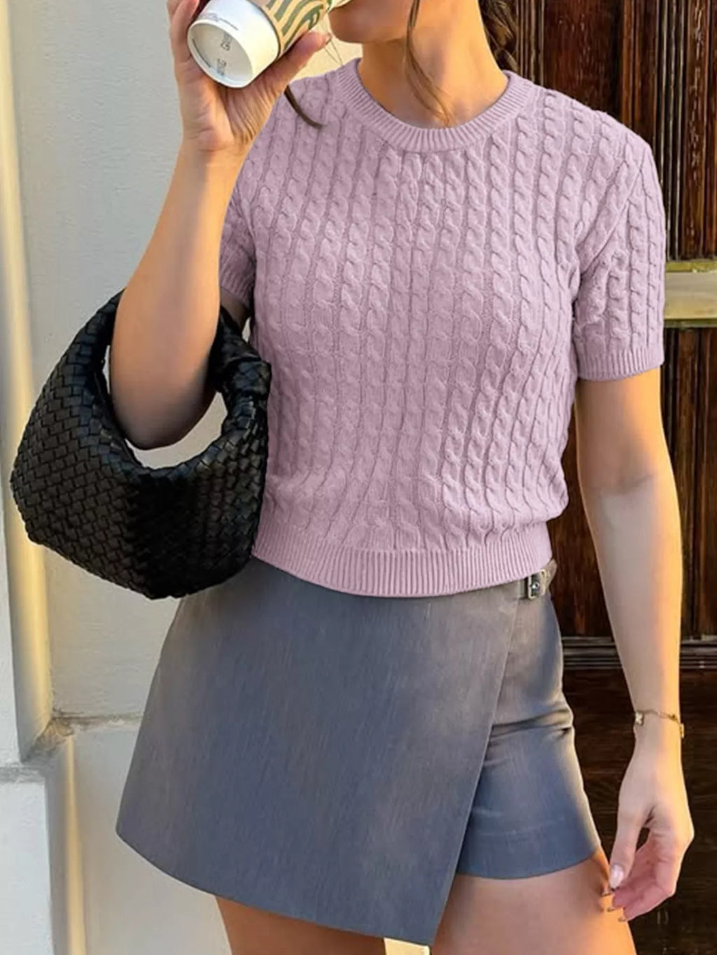 Cable-Knit Short Sleeve Sweater
