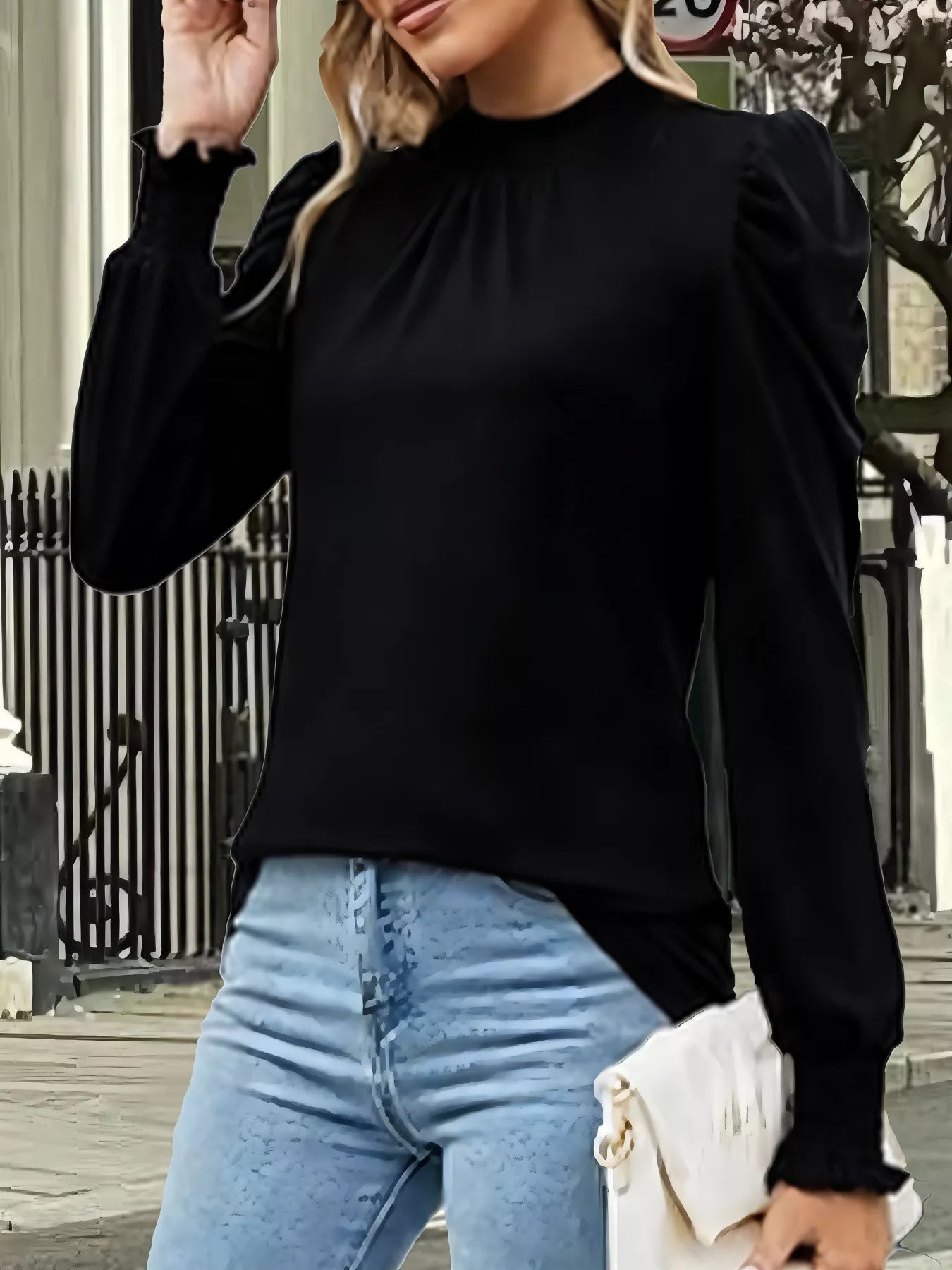 Mock Neck Puff Sleeve Blouse