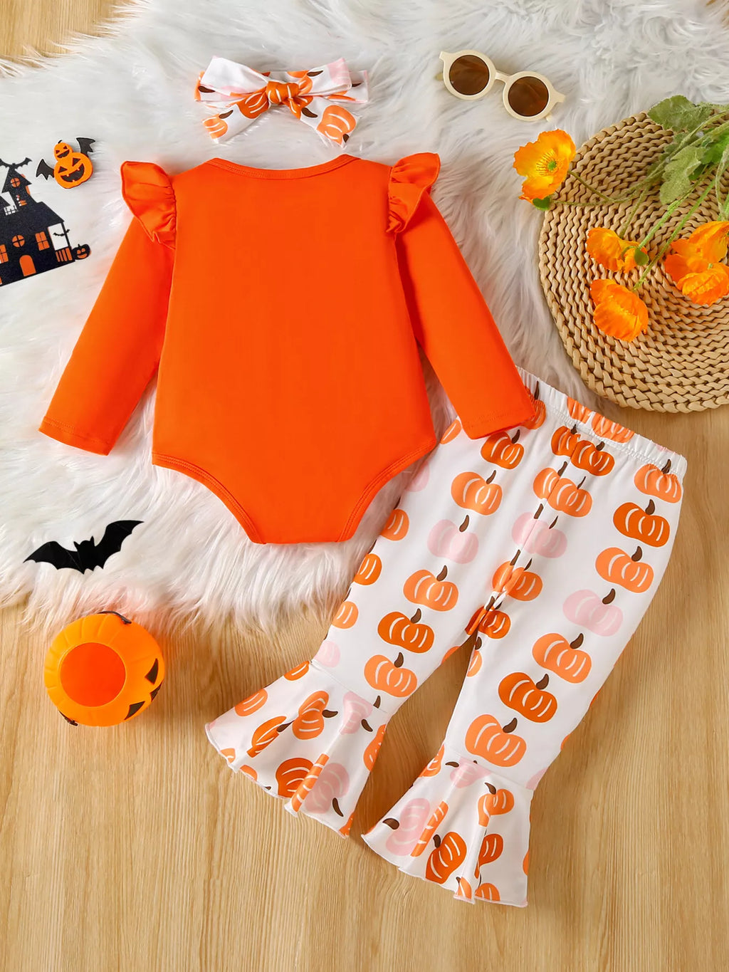 Children's Halloween Graphic Top and Pants 3-Piece Set with Headband