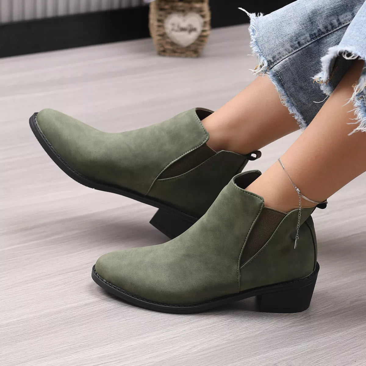 Point Toe Block Heels Ankle Boots