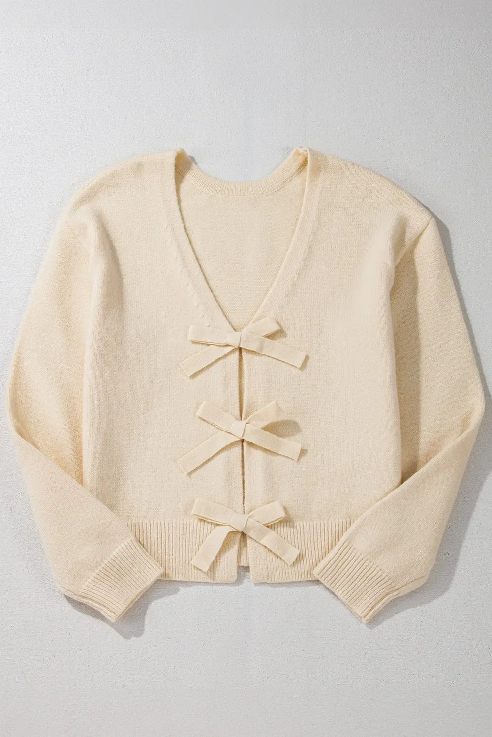 Bowknot Front V Neck Long Sleeve Sweater