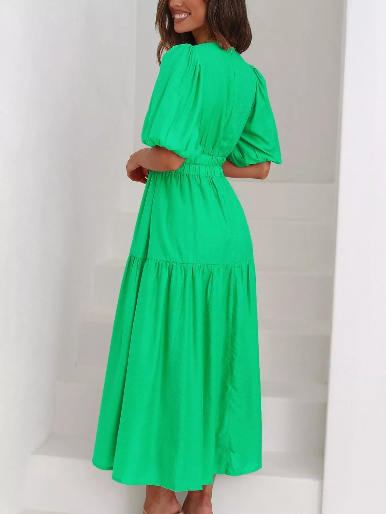 V-Neck Puff Sleeve Midi Dress