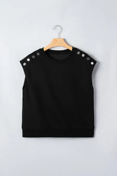 Solid Metal Button Shoulder Short Sleeve Top