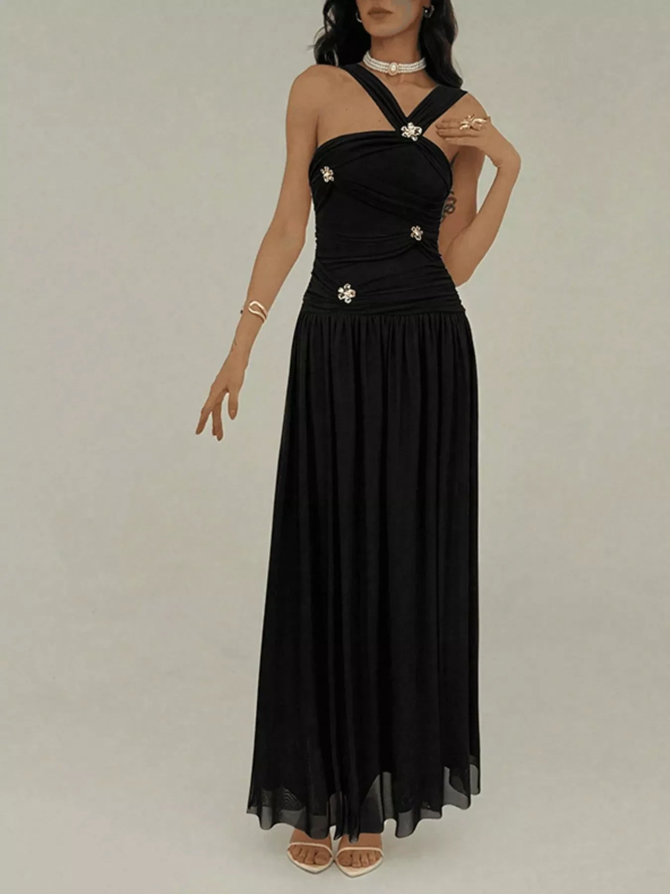 Ruched Sleeveless Maxi Dress with Embellishments