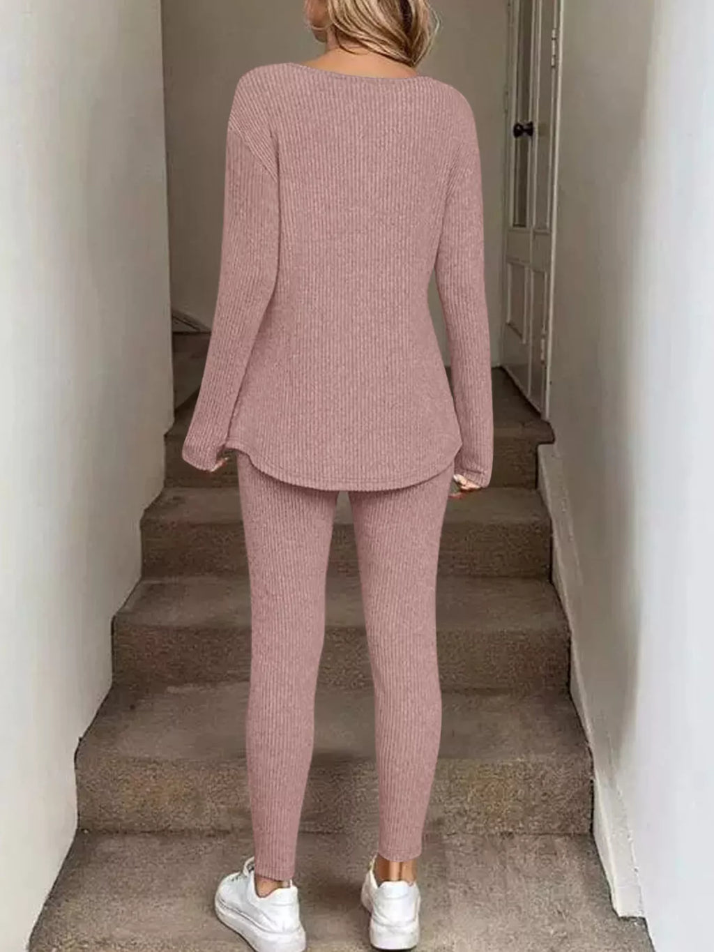 Ribbed Knit Long Sleeve Top and Pants Set