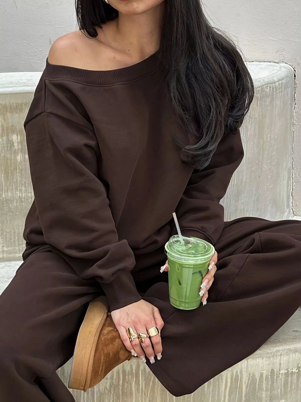 Boat Neck Long Sleeve Sweatshirt and Pants Set