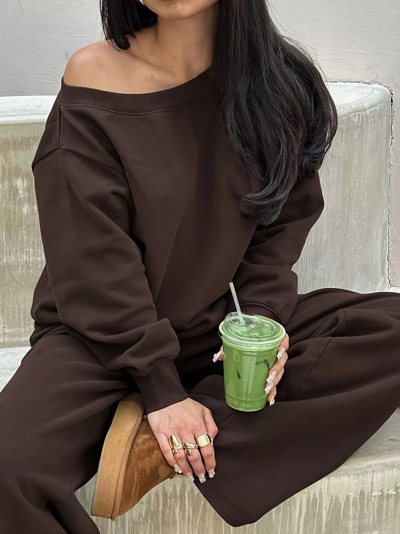 Boat Neck Long Sleeve Sweatshirt and Pants Set